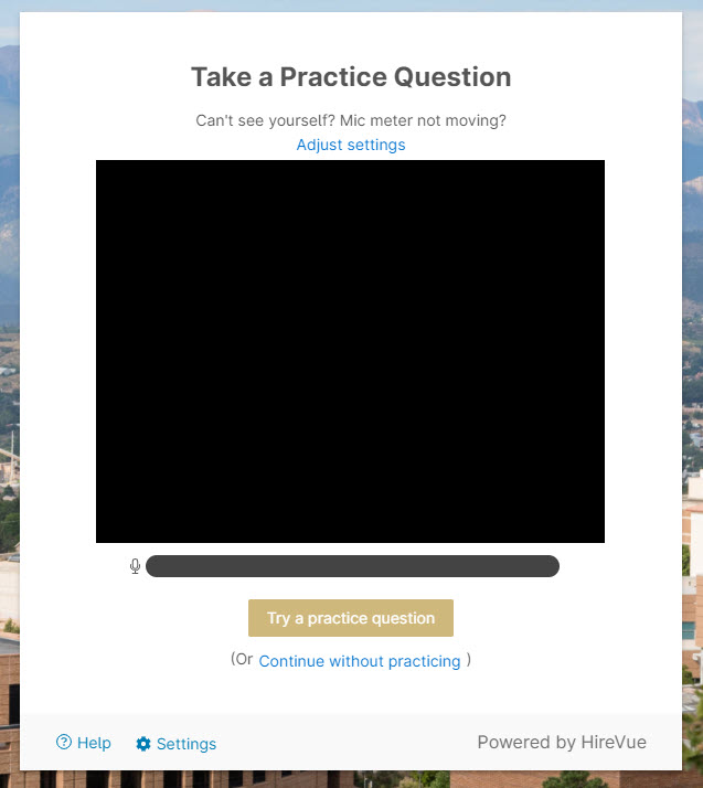 Image displaying "Take a Practice Question" and showing a black square of a webcam view. At the bottom is a button to either try the practice interview or to continue to the real interview.