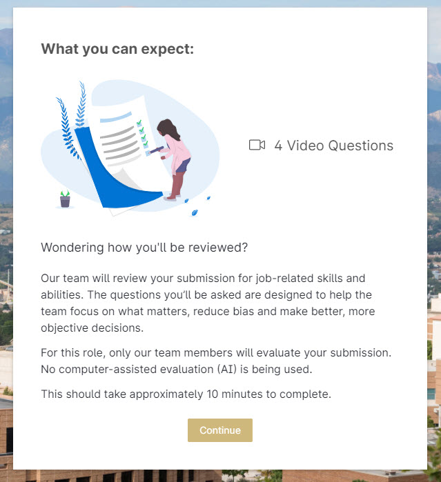 Image with a cartoon person with long hair marking an item off of a checklist. The image shows that there will be 4 video questions and explains how long the video interview should take.