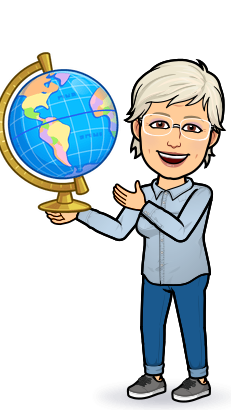 Cartoon image of Cindy Rhoads holding a globe
