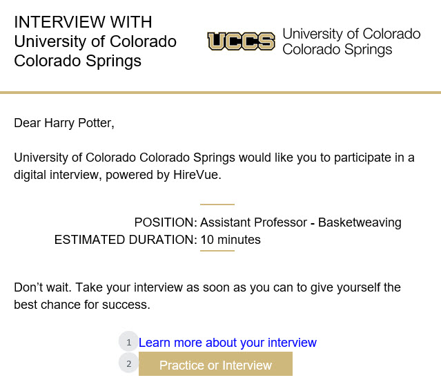 Image of an email invitation to complete a video interview. Email has a "Practice or Interview" button.